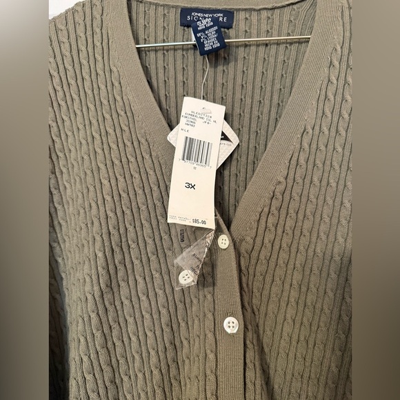 Jones NY Signature Moss Green Cable Knit Cardigan 3X NWT V Neck Buttons Stretch - Picture 3 of 7